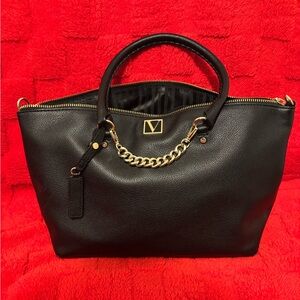 Victoria’s Secret Black Leather Tote Bag Purse with Gold Accents